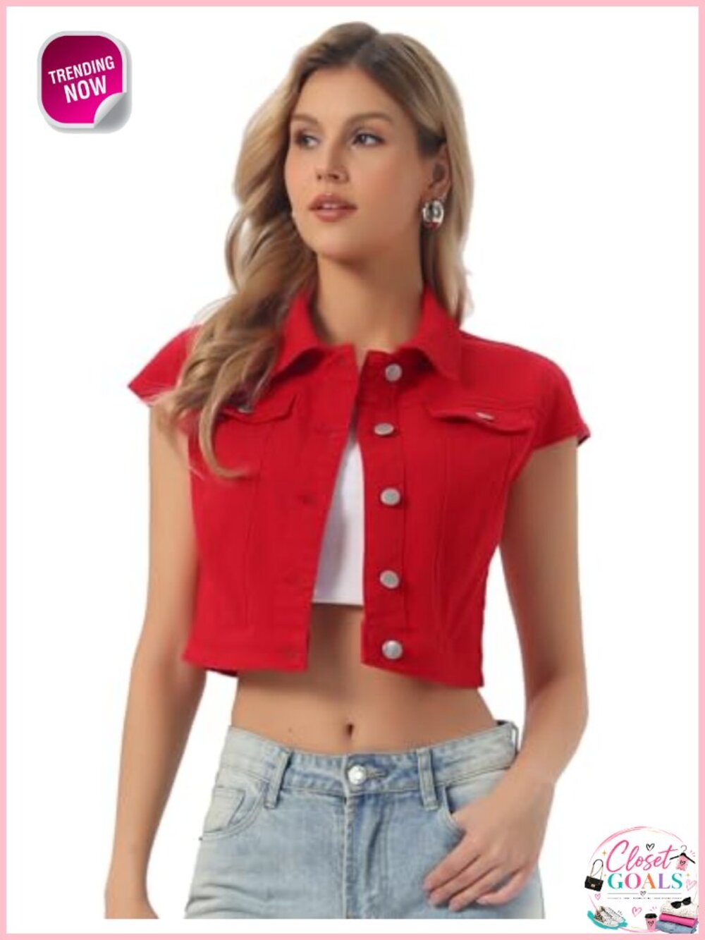 Cropped Denim Jacket Short Sleeve Button Down Summer Jean Jacket Top